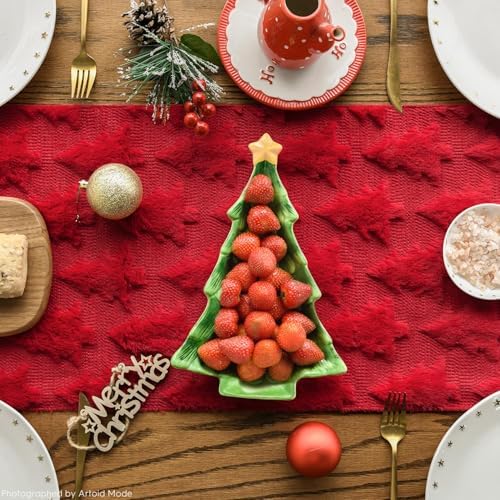 Christmas Trees Red Soft Plush Faux Fur Jacquard Christmas Table Runner, Holiday Kitchen Dining Table Decoration, alternate