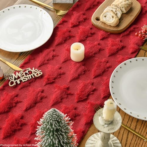 Christmas Trees Red Soft Plush Faux Fur Jacquard Christmas Table Runner, Holiday Kitchen Dining Table Decoration, alternate