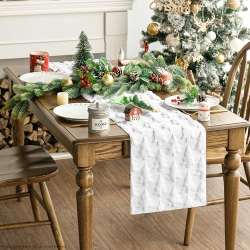 Christmas Trees Soft Plush Faux Fur Jacquard Christmas Table Runner, Holiday Kitchen Dining Table Decoration for, alternate