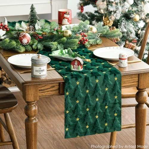 Christmas Trees Stars Green Soft Plush Faux Fur Jacquard Christmas Table Runner, Holiday Dining Table Decoration, alternate