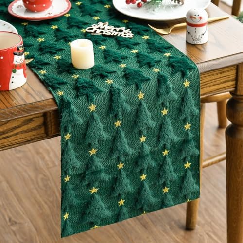 Christmas Trees Stars Green Soft Plush Faux Fur Jacquard Christmas Table Runner, Holiday Dining Table Decoration