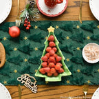 Christmas Trees Stars Green Soft Plush Faux Fur Jacquard Christmas Table Runner, Holiday Dining Table Decoration, alternate