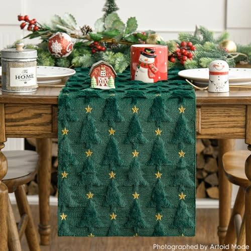Christmas Trees Stars Green Soft Plush Faux Fur Jacquard Christmas Table Runner, Holiday Dining Table Decoration, alternate