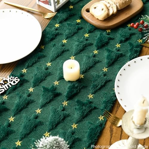 Christmas Trees Stars Green Soft Plush Faux Fur Jacquard Christmas Table Runner, Holiday Dining Table Decoration, alternate