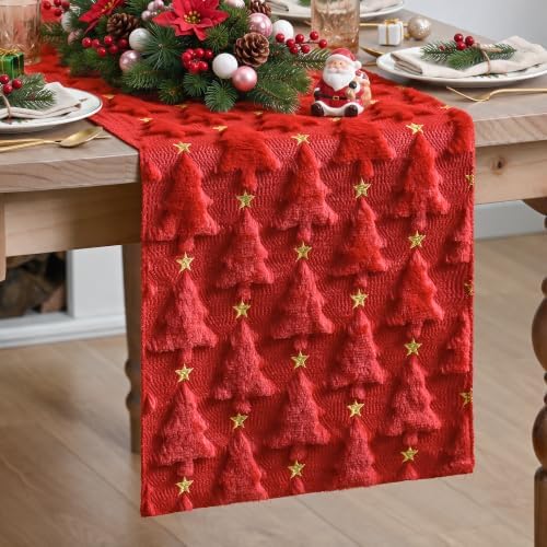 Christmas Trees Stars Red Soft Plush Faux Fur Jacquard Christmas Table Runner, Holiday Dining Table Decoration