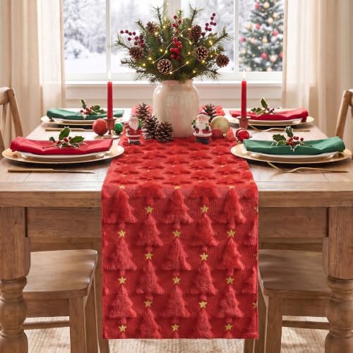 Christmas Trees Stars Red Soft Plush Faux Fur Jacquard Christmas Table Runner, Holiday Dining Table Decoration, alternate