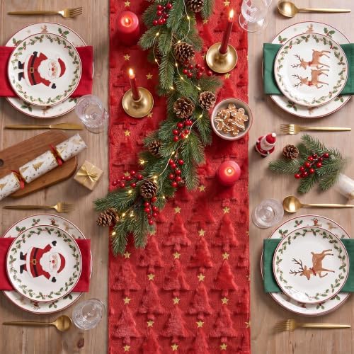 Christmas Trees Stars Red Soft Plush Faux Fur Jacquard Christmas Table Runner, Holiday Dining Table Decoration, alternate