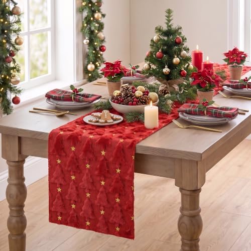 Christmas Trees Stars Red Soft Plush Faux Fur Jacquard Christmas Table Runner, Holiday Dining Table Decoration, alternate