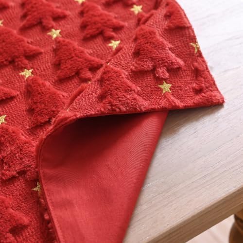 Christmas Trees Stars Red Soft Plush Faux Fur Jacquard Christmas Table Runner, Holiday Dining Table Decoration, alternate