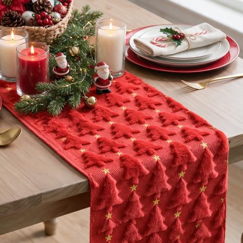 Christmas Trees Stars Red Soft Plush Faux Fur Jacquard Christmas Table Runner, Holiday Dining Table Decoration, alternate