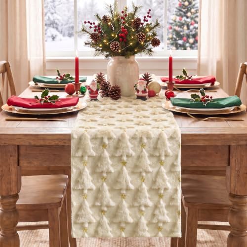 Christmas Trees Stars Soft Plush Faux Fur Jacquard Christmas Table Runner, Holiday Dining Table Decoration for, alternate