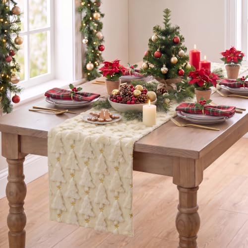 Christmas Trees Stars Soft Plush Faux Fur Jacquard Christmas Table Runner, Holiday Dining Table Decoration for, alternate