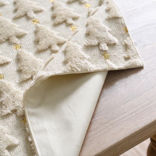 Christmas Trees Stars Soft Plush Faux Fur Jacquard Christmas Table Runner, Holiday Dining Table Decoration for, alternate