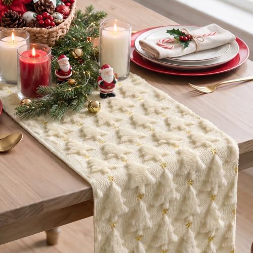 Christmas Trees Stars Soft Plush Faux Fur Jacquard Christmas Table Runner, Holiday Dining Table Decoration for, alternate