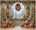 Christmas Window Backdrop 10x8ft, Winter Snow Window Xmas Pine Tree Snowy Scene Bear Photography Background