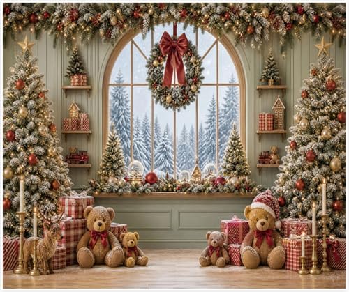 Christmas Window Backdrop 10x8ft, Winter Snow Window Xmas Pine Tree Snowy Scene Bear Photography Background