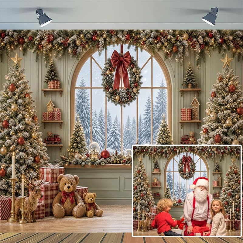 Christmas Window Backdrop 10x8ft, Winter Snow Window Xmas Pine Tree Snowy Scene Bear Photography Background, alternate view 2