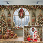 Christmas Window Backdrop 10x8ft, Winter Snow Window Xmas Pine Tree Snowy Scene Bear Photography Background, alternate view 2