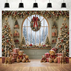 Christmas Window Backdrop 10x8ft, Winter Snow Window Xmas Pine Tree Snowy Scene Bear Photography Background, alternate view 4