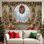 Christmas Window Backdrop 10x8ft, Winter Snow Window Xmas Pine Tree Snowy Scene Bear Photography Background, alternate view 6