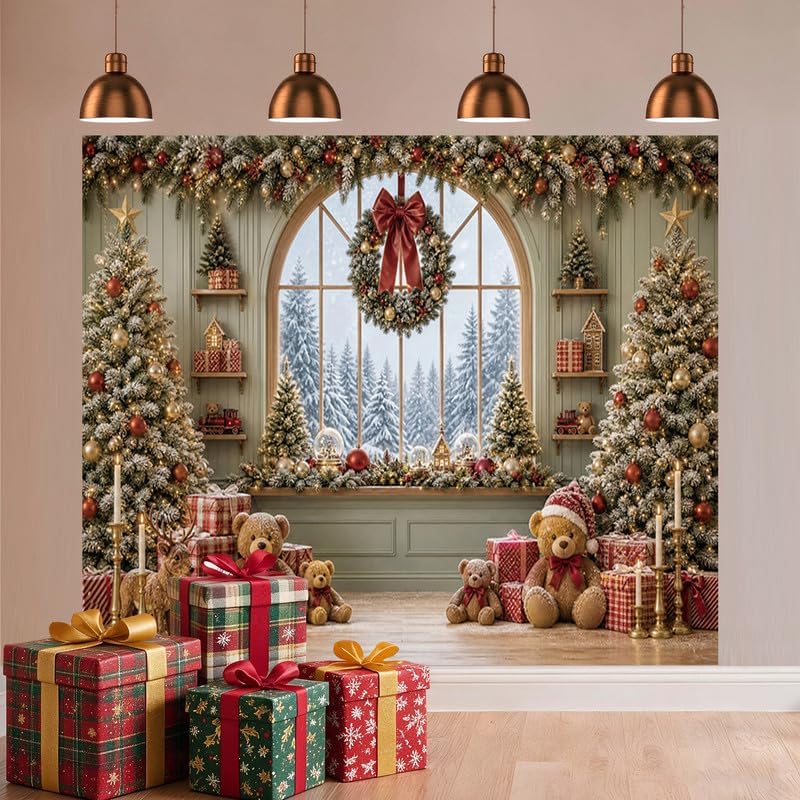 Christmas Window Backdrop 10x8ft, Winter Snow Window Xmas Pine Tree Snowy Scene Bear Photography Background, alternate view 7