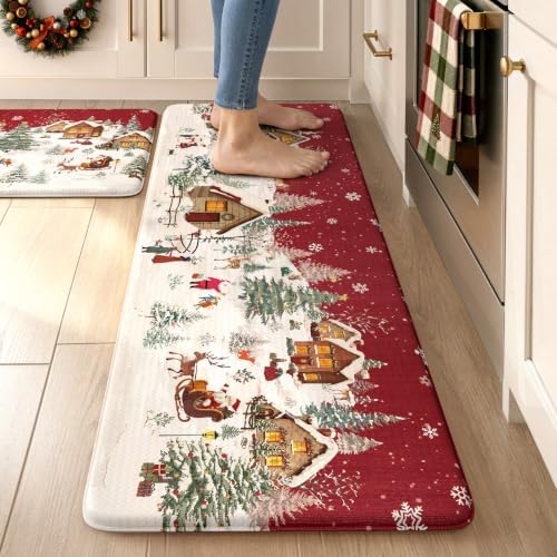 Christmas Winter Snow Cabin Anti Fatigue Kitchen Floor Mats, Red in Red