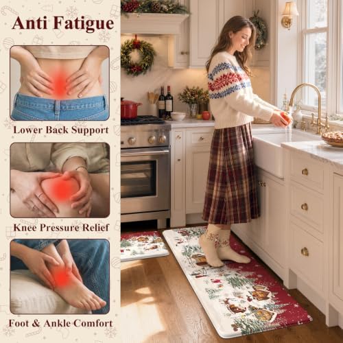 Christmas Winter Snow Cabin Anti Fatigue Kitchen Floor Mats, Red in Red, alternate view 4
