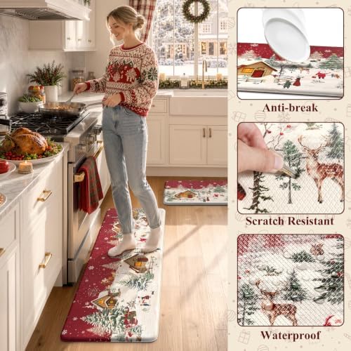 Christmas Winter Snow Cabin Anti Fatigue Kitchen Floor Mats, Red in Red, alternate view 6