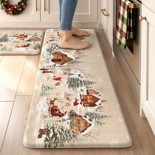 Christmas Winter Snow Cabin Kitchen Mats Cushioned Anti Fatigue