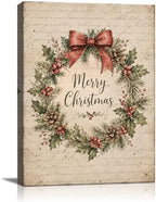 Christmas Wreath Canvas Wall Art, Farmhouse Merry Christmas Canvas Prints