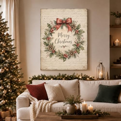 Christmas Wreath Canvas Wall Art, Farmhouse Merry Christmas Canvas Prints, alternate view 2