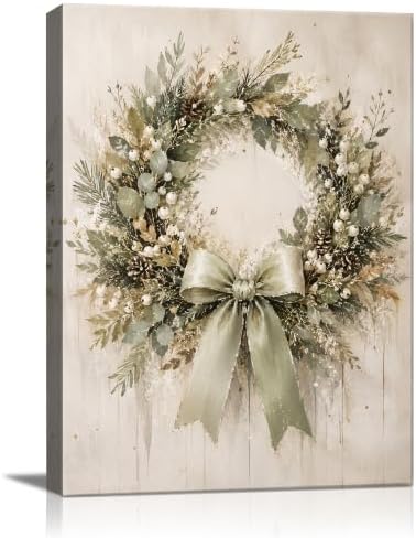 Christmas Wreath Canvas Wall Art, Rustic Farmhouse Green Bow Canvas Prints