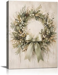 Christmas Wreath Canvas Wall Art, Rustic Farmhouse Green Bow Canvas Prints