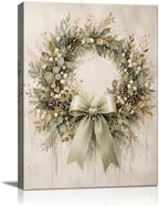 Christmas Wreath Canvas Wall Art, Rustic Farmhouse Green Bow Canvas Prints