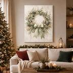 Christmas Wreath Canvas Wall Art, Rustic Farmhouse Green Bow Canvas Prints, alternate view 2