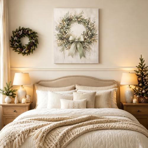 Christmas Wreath Canvas Wall Art, Rustic Farmhouse Green Bow Canvas Prints, alternate view 3
