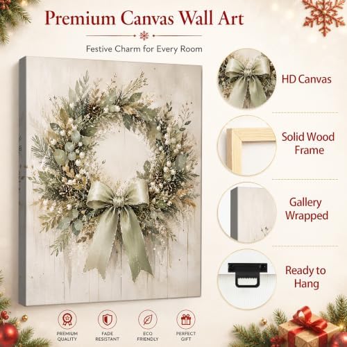 Christmas Wreath Canvas Wall Art, Rustic Farmhouse Green Bow Canvas Prints, alternate view 5