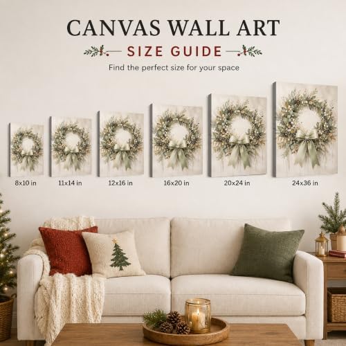 Christmas Wreath Canvas Wall Art, Rustic Farmhouse Green Bow Canvas Prints, alternate view 6