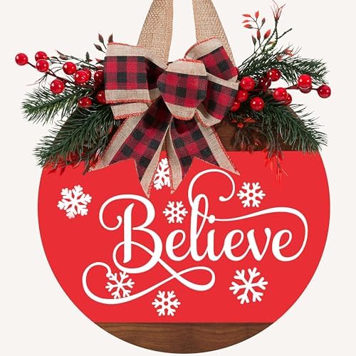 Christmas Wreath Sign for Front Door, 12 Inch Merry Christmas Welcome Hanging Decor with Bow, Rustic Farmhouse