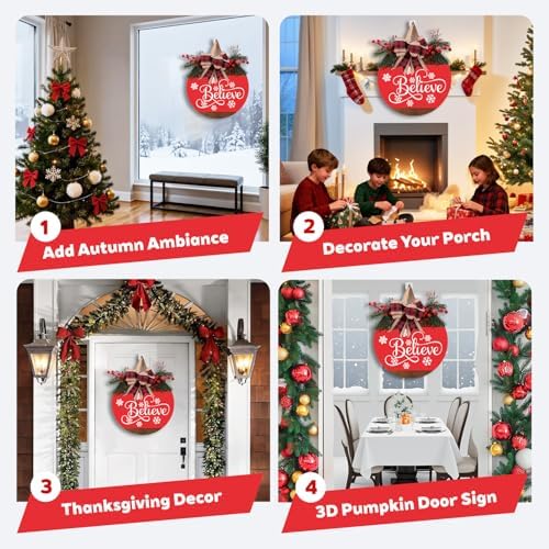 Christmas Wreath Sign for Front Door, 12 Inch Merry Christmas Welcome Hanging Decor with Bow, Rustic Farmhouse, alternate
