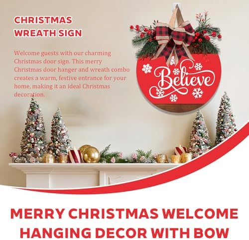 Christmas Wreath Sign for Front Door, 12 Inch Merry Christmas Welcome Hanging Decor with Bow, Rustic Farmhouse, alternate