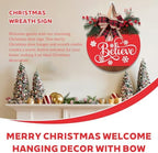 Christmas Wreath Sign for Front Door, 12 Inch Merry Christmas Welcome Hanging Decor with Bow, Rustic Farmhouse, alternate