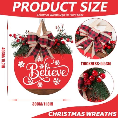 Christmas Wreath Sign for Front Door, 12 Inch Merry Christmas Welcome Hanging Decor with Bow, Rustic Farmhouse, alternate