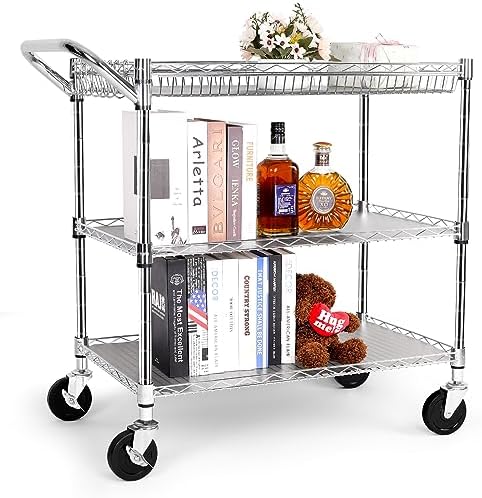 Chrome Utility Rolling Cart,990Lbs 3 Tier Heavy Duty Metal Cart with Wheels & Handle NSF Wheeled Cart 31" D x