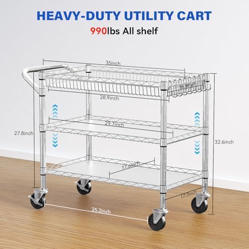 Chrome Utility Rolling Cart,990Lbs 3 Tier Heavy Duty Metal Cart with Wheels & Handle NSF Wheeled Cart 31" D x, alternate view