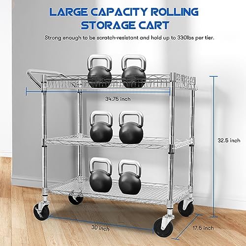 Chrome Utility Rolling Cart,990Lbs 3 Tier Heavy Duty Metal Cart with Wheels & Handle NSF Wheeled Cart 31" D x, alternate view