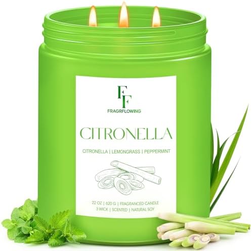 Citronella Large Scented Candle Outdoor Indoor, 3-Wick 22oz Long Lasting Scented Candle, Natural Soy Wax