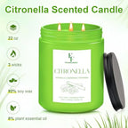 Citronella Large Scented Candle Outdoor Indoor, 3-Wick 22oz Long Lasting Scented Candle, Natural Soy Wax, alternate view 2