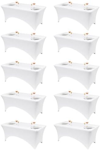 Classic Series 140GSM 10Pcs White 6ft Rectangle Spandex Tablecloth in White