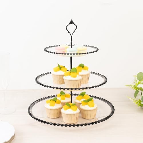 Clear 3-Tier Round Plastic Cupcake Tower Stand with Black Beaded Rim, Dessert Display Tea Party Serving Platter